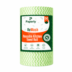 Paperly ReWash Non-Woven Kitchen Towel Cloth Roll – Washable & Reusable, Highly Absorbent, Lint-Free – 2 Rolls (50 Pulls)