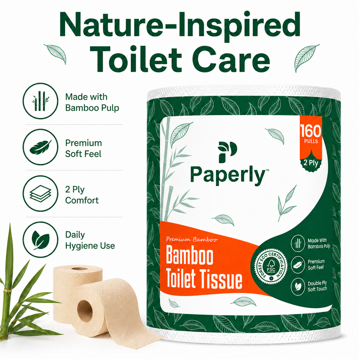Paperly Bamboo Toilet Paper Rolls | 3 Ply | 200 Pulls per Roll