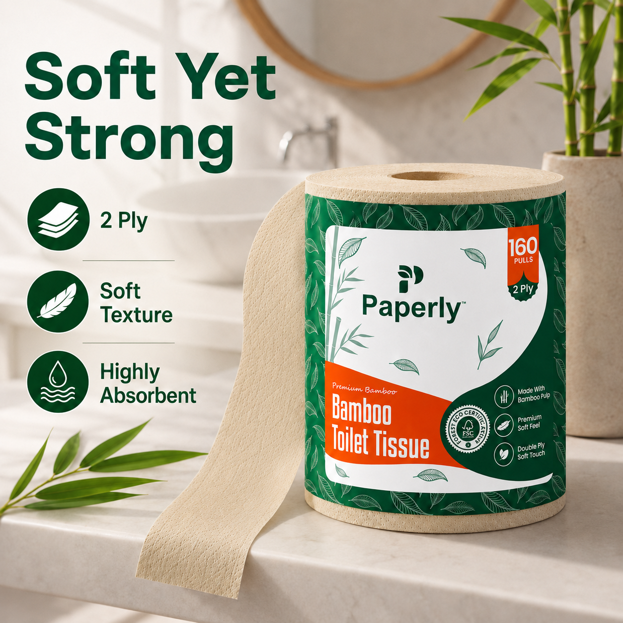 Paperly Bamboo Toilet Paper Rolls | 3 Ply | 200 Pulls per Roll