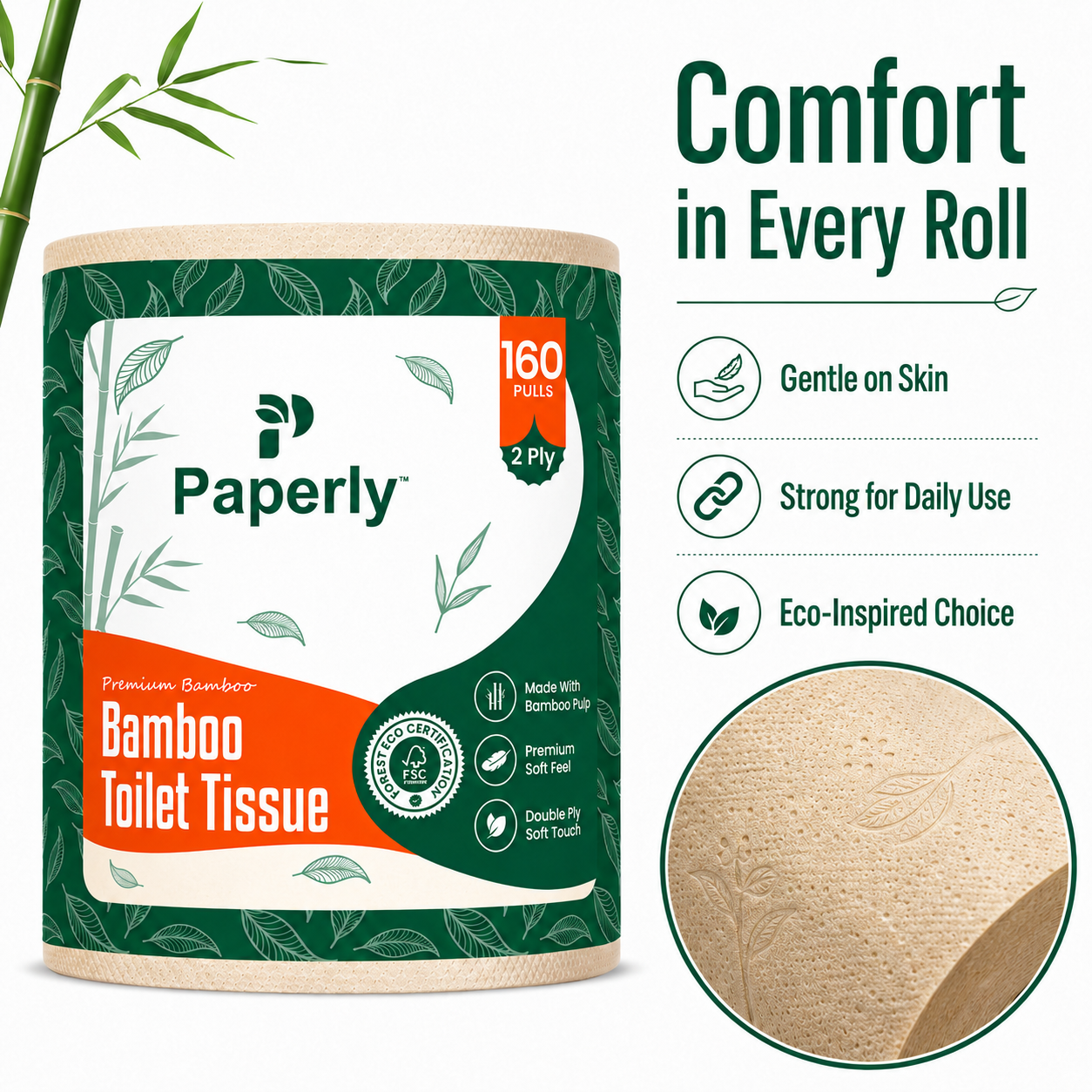 Paperly Bamboo Toilet Paper Rolls | 3 Ply | 200 Pulls per Roll