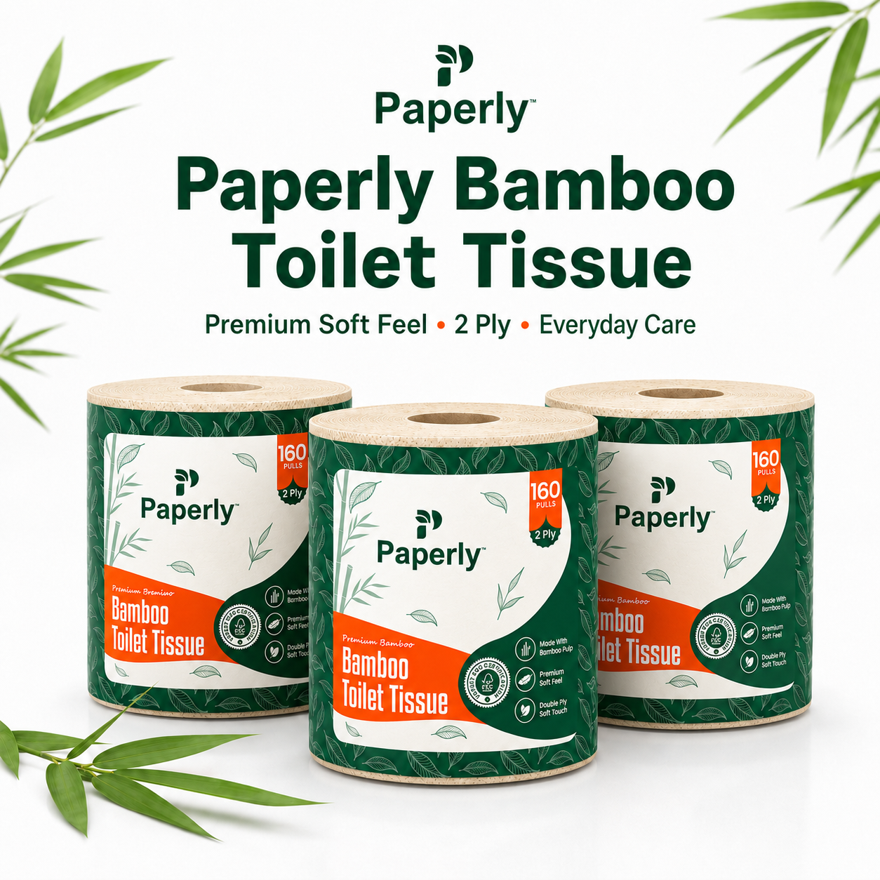 Paperly Bamboo Toilet Paper Rolls | 3 Ply | 200 Pulls per Roll