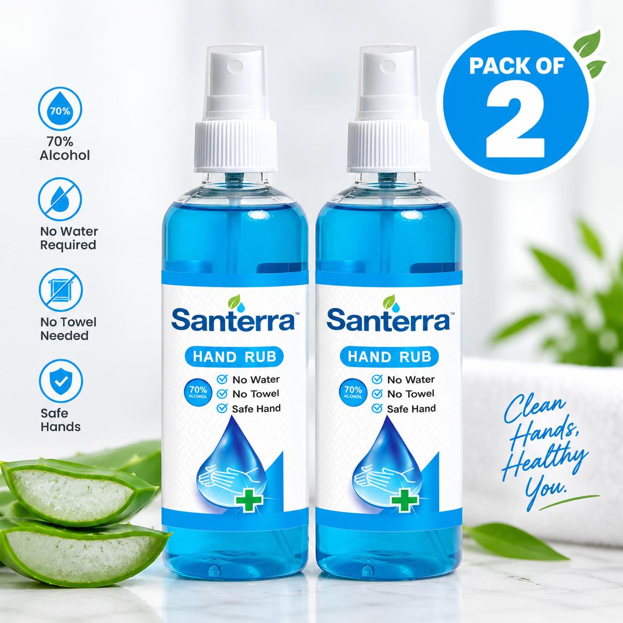 Santerra Hand Rub 70% Alcohol – Fast-Acting Hand Sanitizer | No Water Required