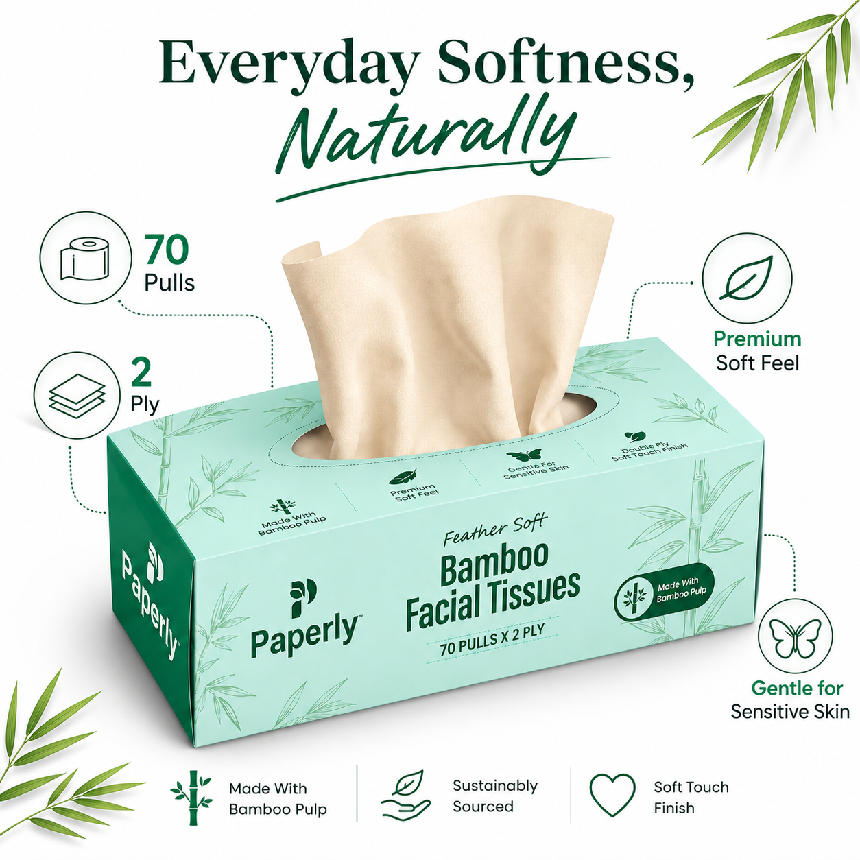 Paperly Bamboo Facial Tissue Box | 2 Ply | 100 Pulls per Box