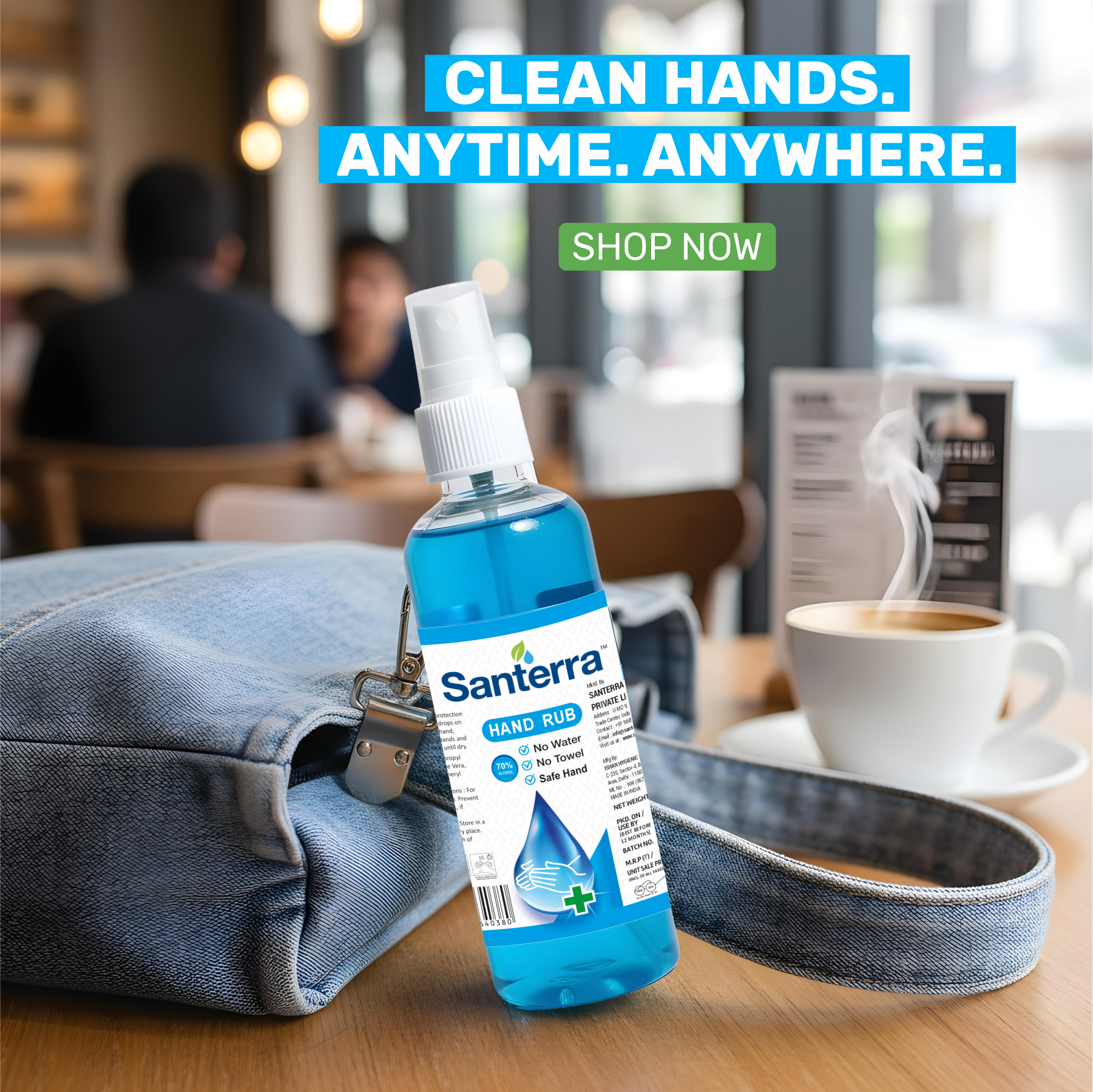 Santerra Hand Rub 70% Alcohol – Fast-Acting Hand Sanitizer | No Water Required