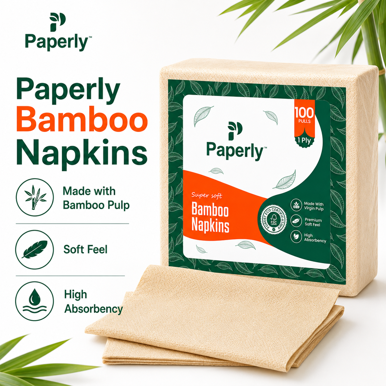 Paperly Bamboo Table Napkins | 2 Ply | 50 Pulls per Pack
