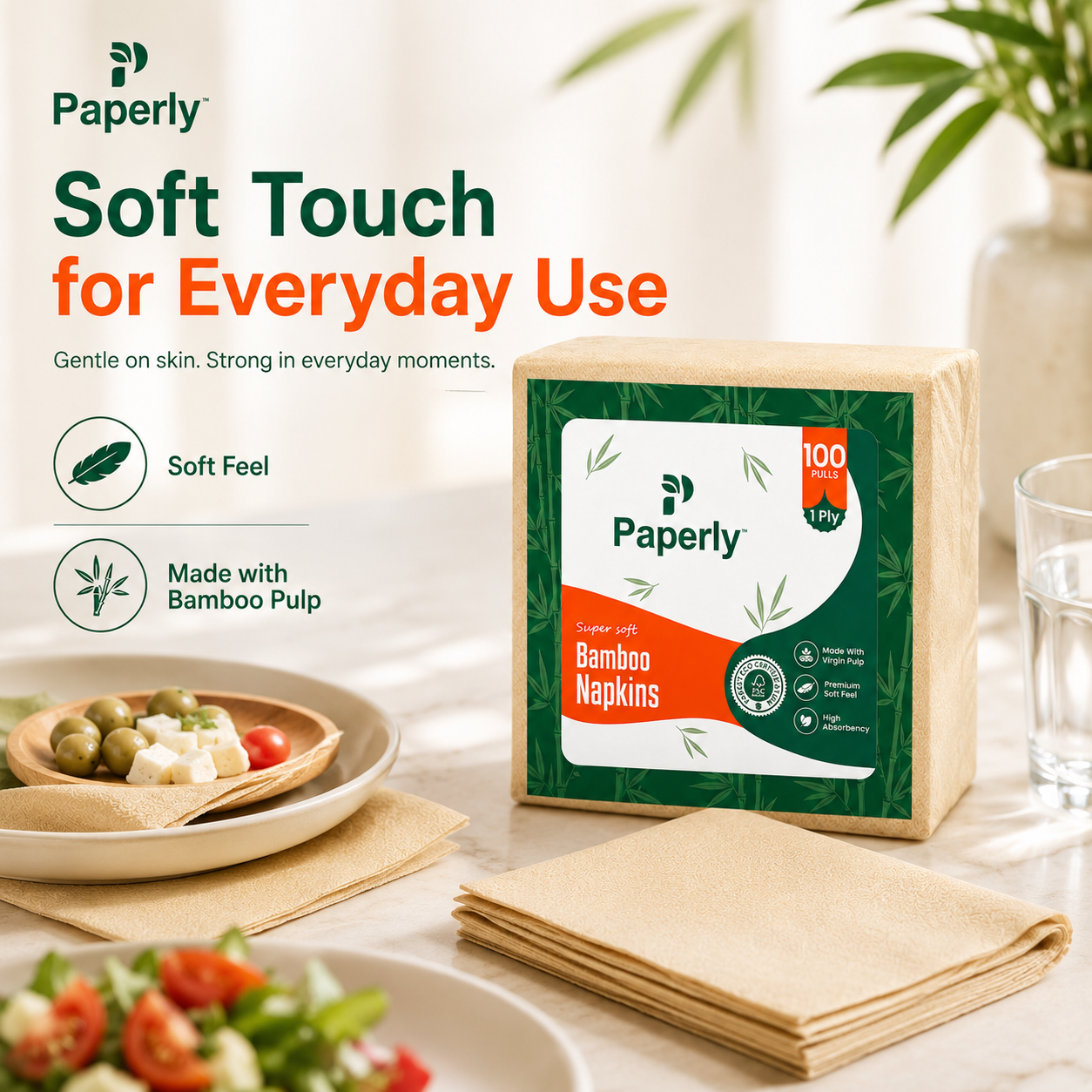 Paperly Bamboo Table Napkins | 2 Ply | 50 Pulls per Pack