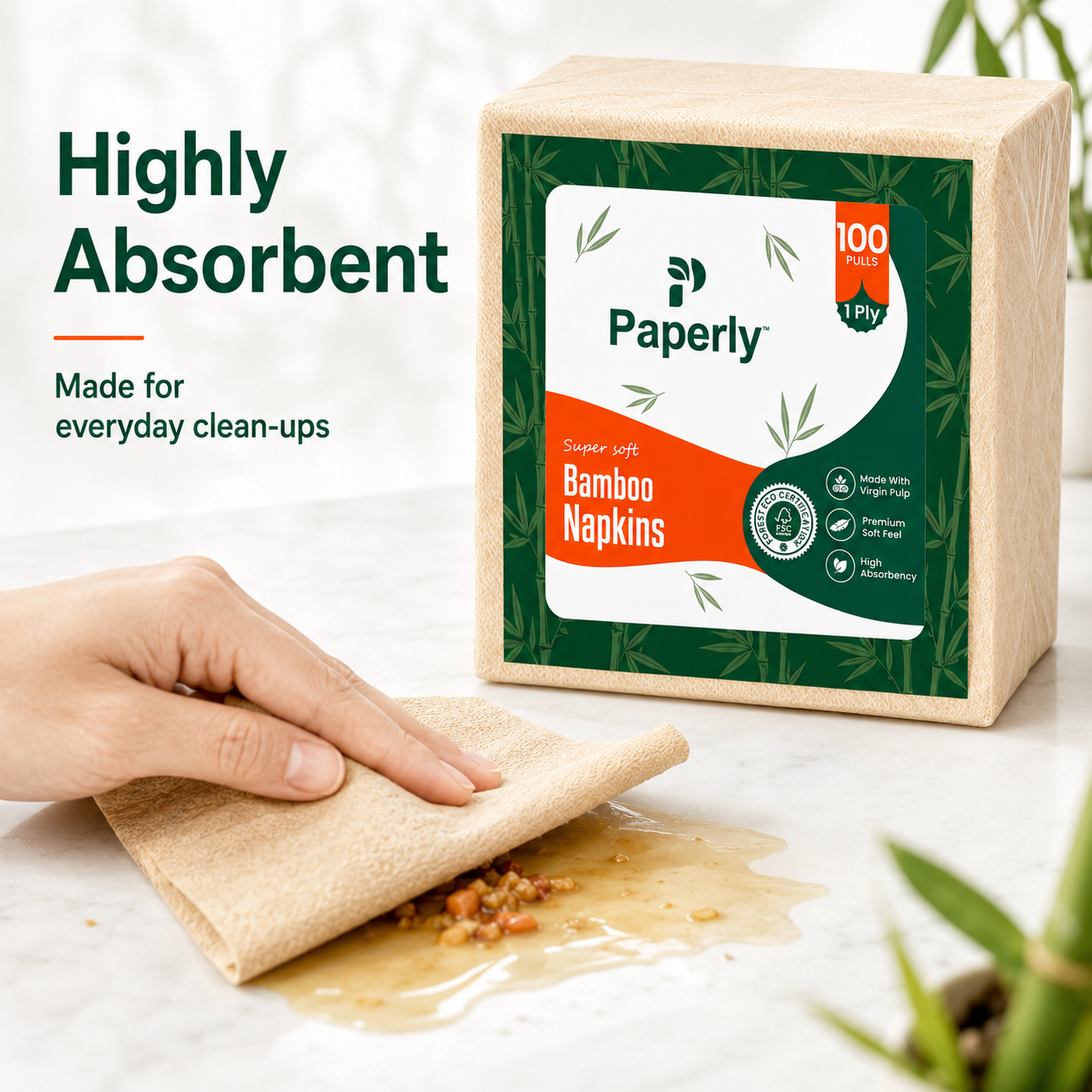 Paperly Bamboo Table Napkins | 2 Ply | 50 Pulls per Pack