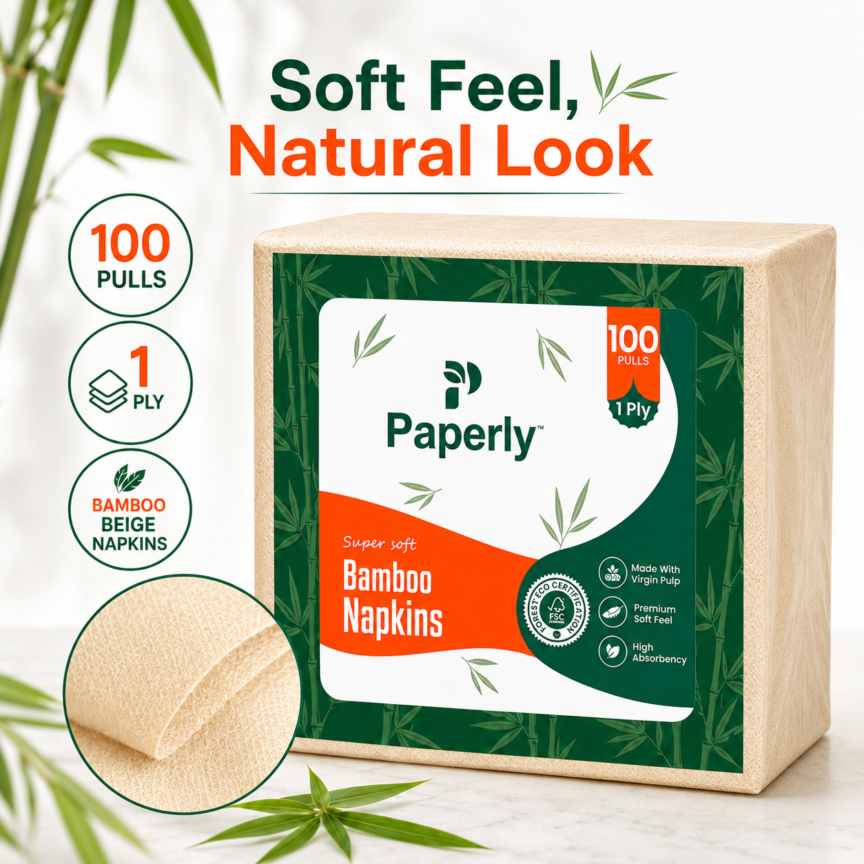Paperly Bamboo Table Napkins | 2 Ply | 50 Pulls per Pack