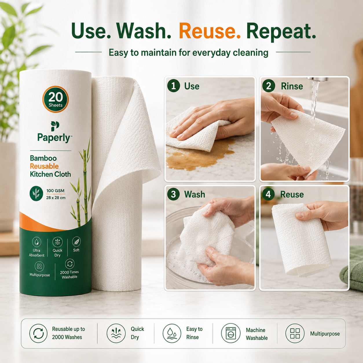 Paperly Bamboo Reusable Kitchen Cloth Roll | Reusable Up to 2000 Times | Single-layer cloth | 20 Reusable Sheets per Roll