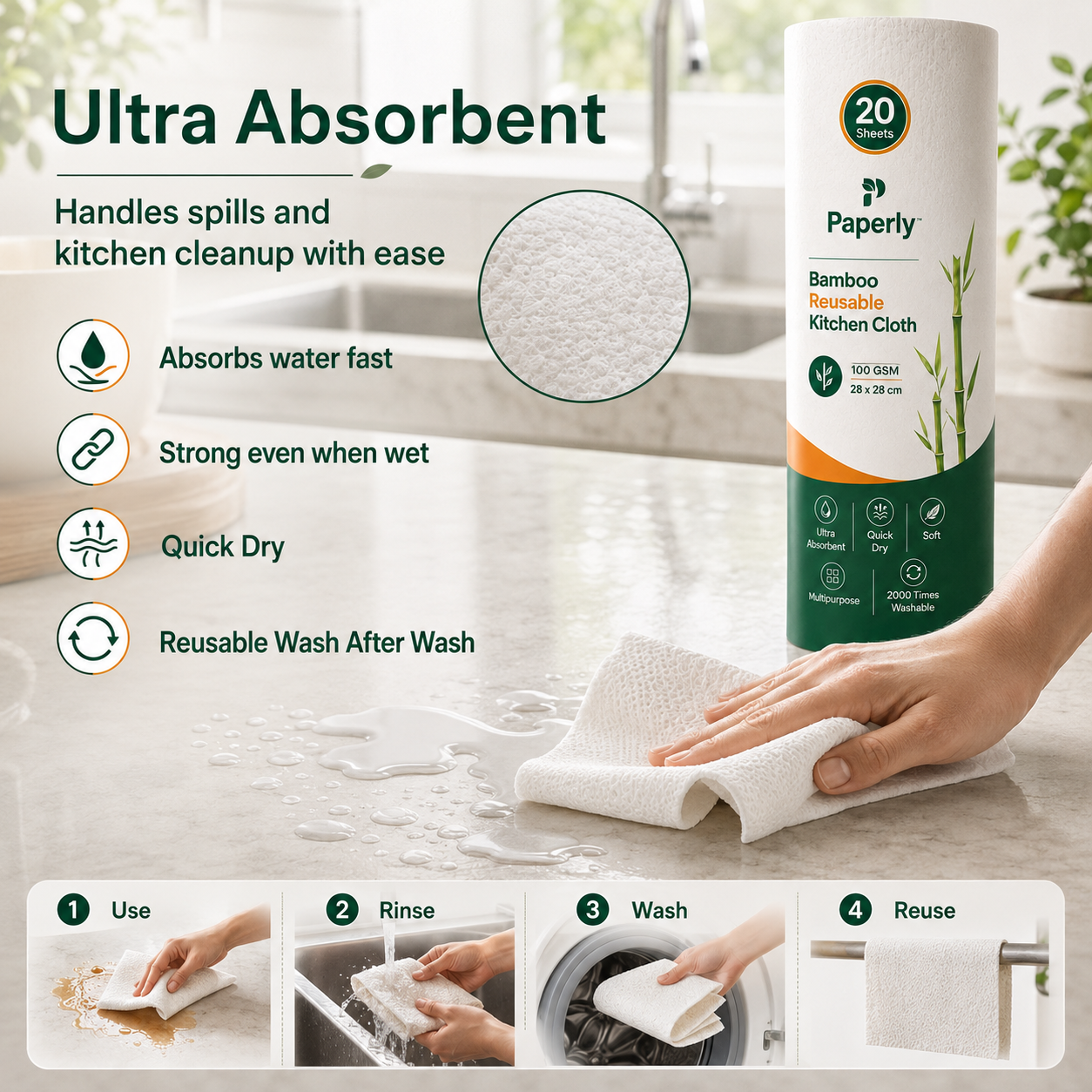 Paperly Bamboo Reusable Kitchen Cloth Roll | Reusable Up to 2000 Times | Single-layer cloth | 20 Reusable Sheets per Roll