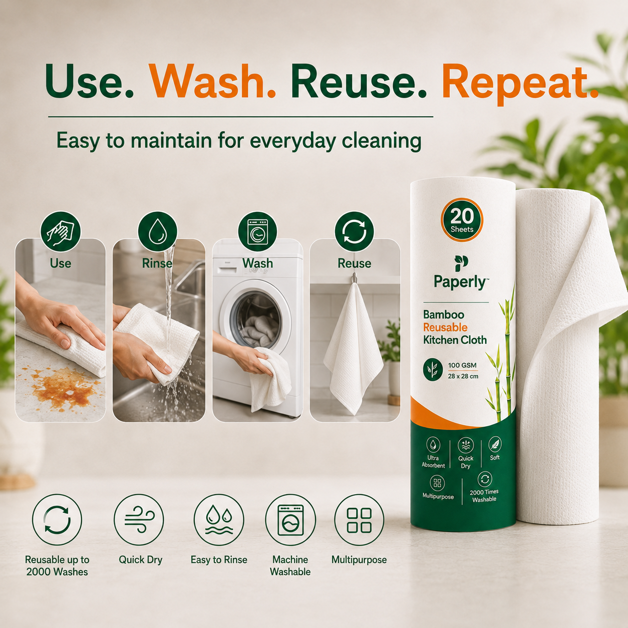 Paperly Bamboo Reusable Kitchen Cloth Roll | Reusable Up to 2000 Times | Single-layer cloth | 20 Reusable Sheets per Roll