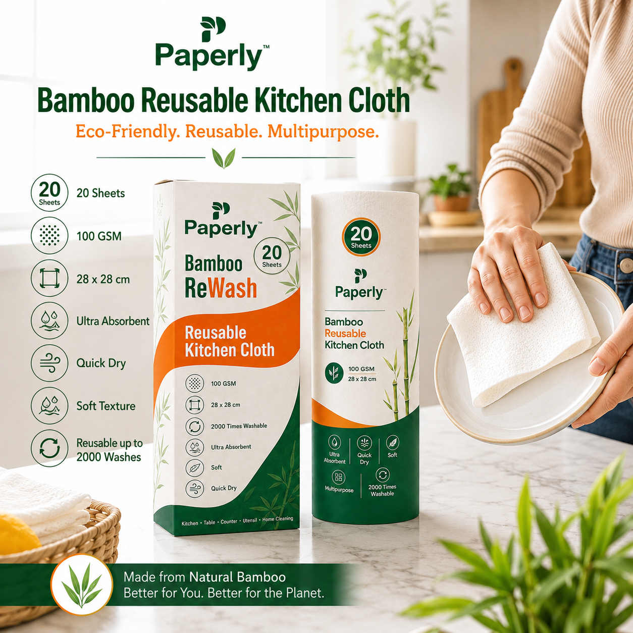 Paperly Bamboo Reusable Kitchen Cloth Roll | Reusable Up to 2000 Times | Single-layer cloth | 20 Reusable Sheets per Roll