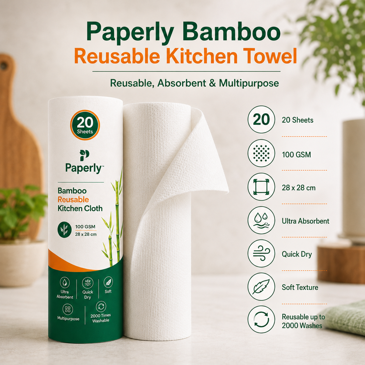 Paperly Bamboo Reusable Kitchen Cloth Roll | Reusable Up to 2000 Times | Single-layer cloth | 20 Reusable Sheets per Roll