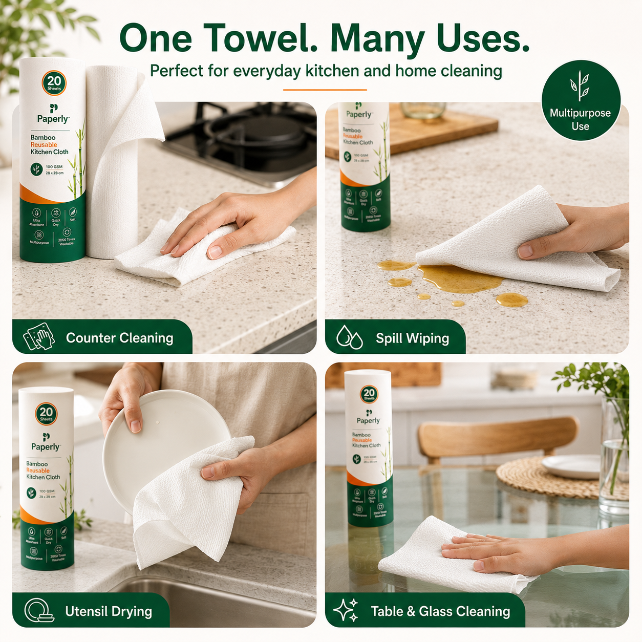 Paperly Bamboo Reusable Kitchen Cloth Roll | Reusable Up to 2000 Times | Single-layer cloth | 20 Reusable Sheets per Roll