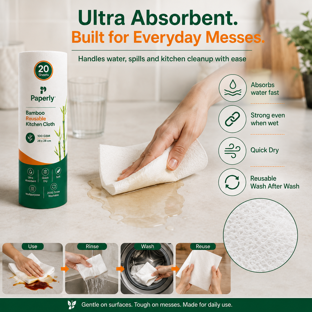 Paperly Bamboo Reusable Kitchen Cloth Roll | Reusable Up to 2000 Times | Single-layer cloth | 20 Reusable Sheets per Roll