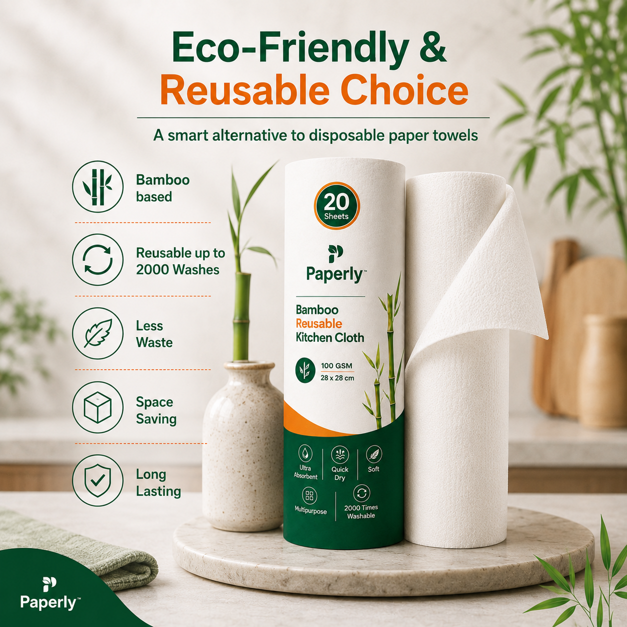 Paperly Bamboo Reusable Kitchen Cloth Roll | Reusable Up to 2000 Times | Single-layer cloth | 20 Reusable Sheets per Roll