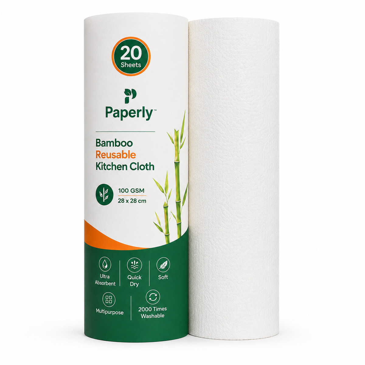 Paperly Bamboo Reusable Kitchen Cloth Roll | Reusable Up to 2000 Times | Single-layer cloth | 20 Reusable Sheets per Roll