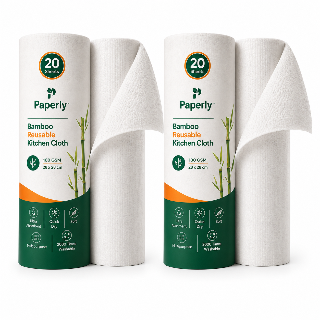 Paperly Bamboo Reusable Kitchen Cloth Roll | Reusable Up to 2000 Times | Single-layer cloth | 20 Reusable Sheets per Roll