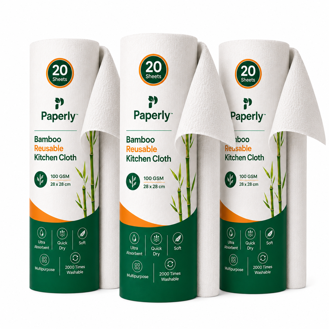 Paperly Bamboo Reusable Kitchen Cloth Roll | Reusable Up to 2000 Times | Single-layer cloth | 20 Reusable Sheets per Roll