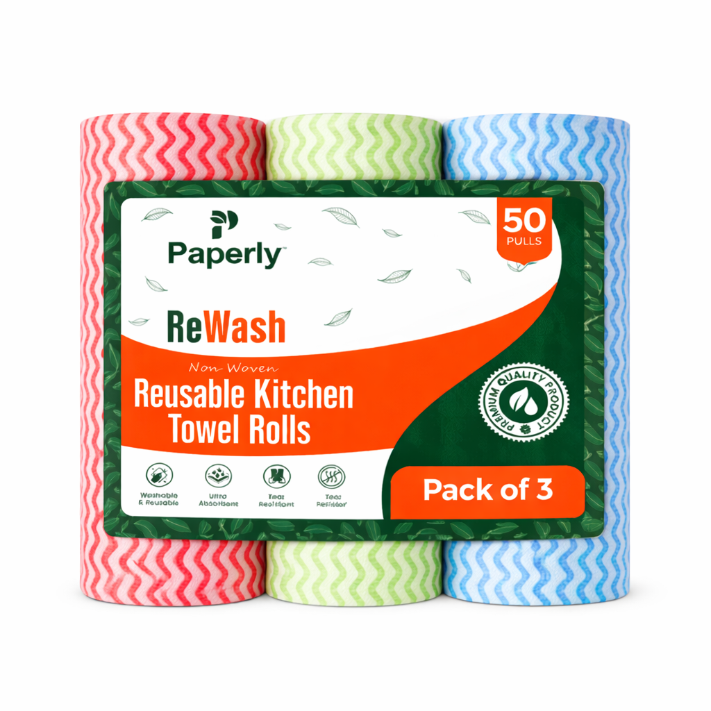 Paperly ReWash Non-Woven Kitchen Towel Cloth Roll – Washable & Reusable, Highly Absorbent, Lint-Free – 2 Rolls (50 Pulls)